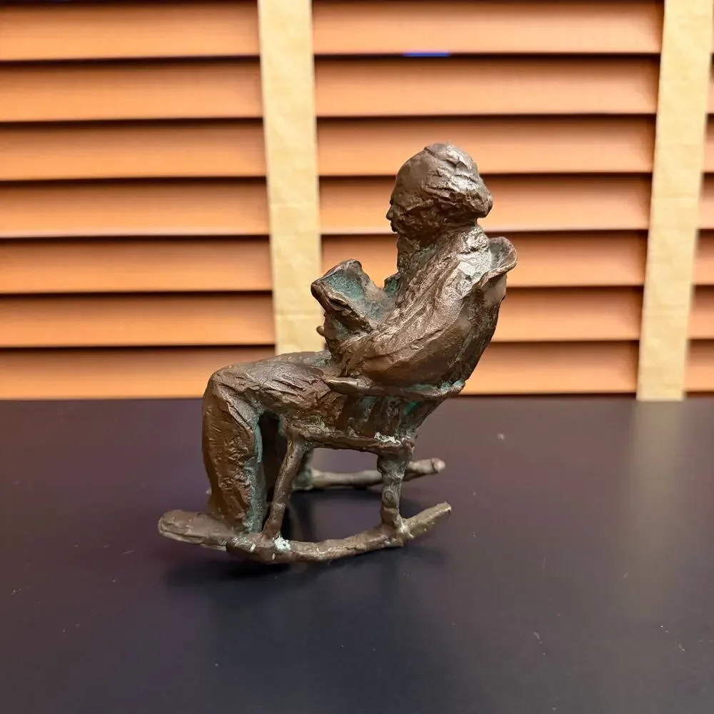 Vintage Heavy Brass Man Reading in Rocking Chair Sculpture